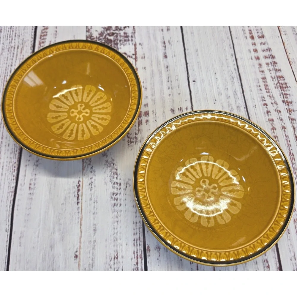 Suzuka Stone Mesa Gold Bowls Set of 2 Yellow Excellent MCM Japan Stoneware